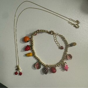 Fruit Cherry Gold Necklace And Bracelet Set